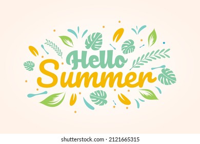 Hello Summer with Summer Leaves premium vector