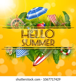 Hello Summer with leaves tropical in hole. banner, poster Summer background