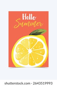 Hello Summer Lemon Fruit Slice Vector Illustration.