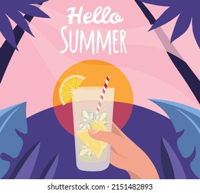 Hola verano. Limonada de verano. Atardecer. Vibes de verano. Ilustración plana.