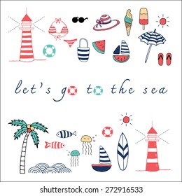 Hello summer, Lets go the the sea and beach hand drawn doodle illustration objects collection vector with elements, watermelon, lighthouse, bikini, coconut tree, fish, sailboat, sun, jellyfish, surf