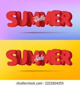 Hello summer lettering with 3d rounded red letters, render cartoon style