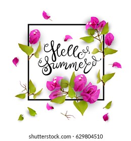 Hello summer. Lettering. 3d. Tropical flowers in a frame. Isolated illustration on white background. Vector.