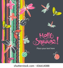 Hello summer lettering. Abstract summer insects vector background