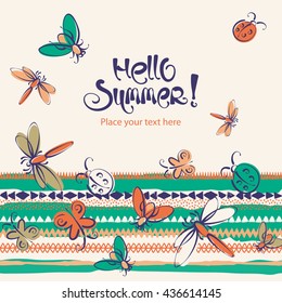 Hello summer lettering. Abstract summer insects vector background