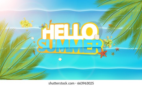 Hello Summer Lettering, Aerial view of Ocean Vector Art.