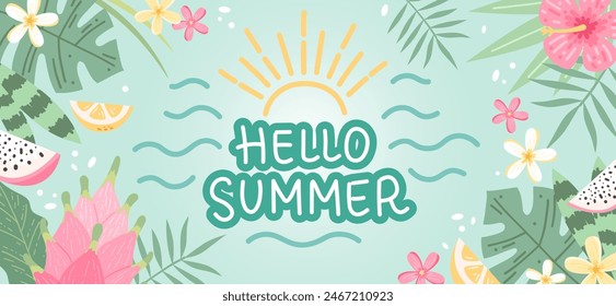 Hello Summer lettering, background with flowers and leaves. Hand drawn vector illustration