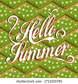 Hello summer lettering background with green grass, isometric vector pattern. Hello summer lettering on fresh green grass backdrop. Pattern with Hello summer lettering background, screen saver, design
