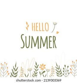 Hola, verano, letras. Pancarta, flores de verano y plantas, hojas. fondo blanco minimalista. Ilustración de flores. Flores verdes y amarillas, hojas