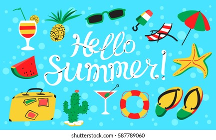 Hello summer lettering. Beach banner with summer objects - party cocktails, pineapple, life buoy, cactus, ice cream, watermelon. Seasonal tropic background in cartoon style. Vector illustration