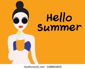 Hello summer lettering bikini girl drinking orange juice vector illustration