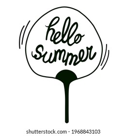 Hello summer lettering. Black letters on the background of a hand fan. Handmade summer lettering. Summer quote for banner, poster, postcard.