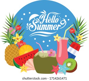 hello summer lettering blue circle with drink beverage treats vector download