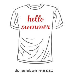 Hello summer lettering. Brush hand lettering on a sample t-shirt. Great for beach tote bags, swimwear, holiday clothes, posters, and more.