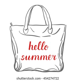 Hello summer lettering. Brush hand lettering on a sample tote bag. Great for beach tote bags, swimwear, holiday clothes, posters, and more.