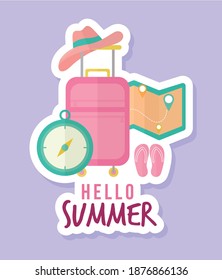 hello summer lettering with bundle of summer icons vector illustration design