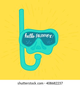 Hello Summer Lettering by brush. Typographic vacation and travel watercolor poster with diving underwater mask. Vector