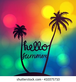 Hello Summer Lettering by brush. Typographic vacation and travel watercolor tropical poster with sunset bright background and palm exotic island. Vector