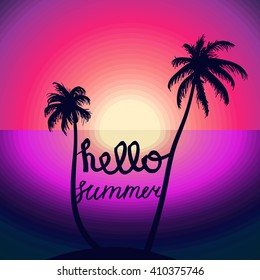 Hello Summer Lettering by brush. Typographic vacation and travel watercolor tropical poster with sunset bright background and palm exotic island. Vector