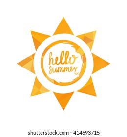 Hello Summer Lettering by brush. Typographic vacation and travel hand drawn  poster with yellow sun bright background. Vector