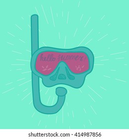 Hello Summer Lettering by brush. Typographic vacation and travel watercolor poster with diving underwater mask. Vector