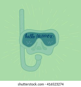 Hello Summer Lettering by brush. Typographic vacation and travel watercolor poster with diving underwater mask. Vector