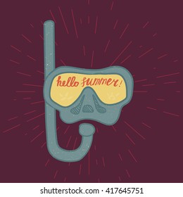 Hello Summer Lettering by brush. Typographic vacation and travel watercolor poster with diving underwater mask. Vector