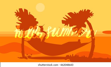 Hello Summer Lettering by brush. Typographic vacation and travel watercolor tropical poster with sunset bright background and palm exotic island. Sunset. Vector