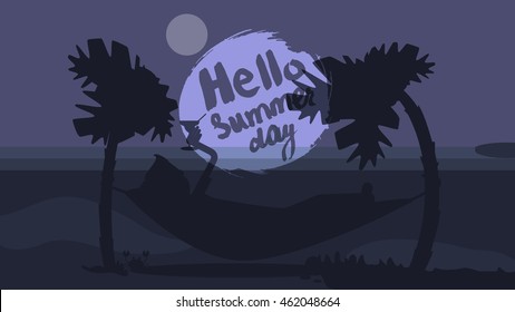 Hello Summer Lettering by brush. Typographic vacation and travel watercolor tropical poster with sunset bright background and palm exotic island. Sunset. Vector