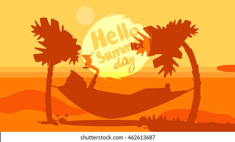 Hello Summer Lettering by brush. Typographic vacation and travel watercolor tropical poster with sunset bright background and palm exotic island. Sunset. Vector
