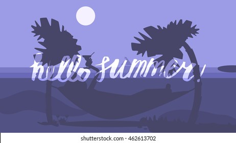 Hello Summer Lettering by brush. Typographic vacation and travel watercolor tropical poster with sunset bright background and palm exotic island. Sunset. Vector
