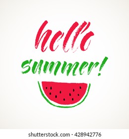 Hello summer lettering card. Hand drawn ink illustration phrase for prints and posters, menu design, invitation and greeting cards. Handwritten modern brush calligraphy