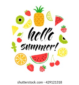Hello summer lettering card. Hand drawn ink illustration phrase for prints and posters, menu design, invitation and greeting cards. Handwritten modern brush calligraphy