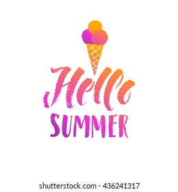 Hello summer lettering card. Hand drawn ink illustration phrase for prints and posters, menu design, invitation and greeting cards. Handwritten modern brush calligraphy