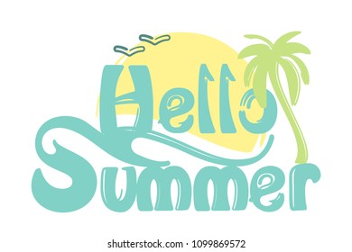 Hello summer lettering card with palm and sun