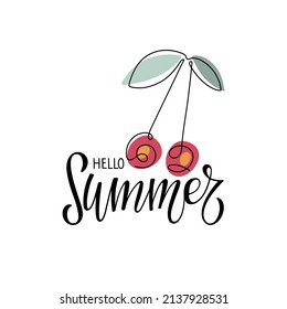 Hola, con letras de verano con bayas de cerezo. Fondo tropical de temporada alta. Para afiche, pancarta, cupón. Afiche de verano, camisetas, moda, huellas, banner o diseño de embalaje. Caligrafía moderna de verano.