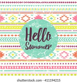 Hello summer lettering with colorful ethnic striped pattern. Decoration elements for design invitation, pattern fills, print, web page