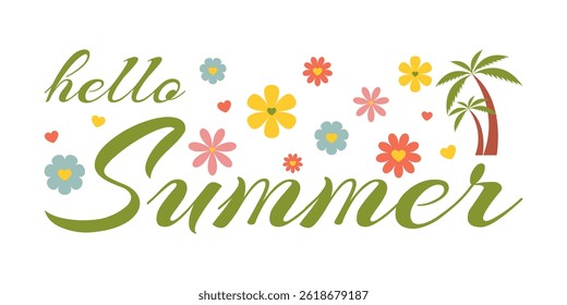 Hello Summer lettering with colorful flowers and palm trees on. Tropical cheerful greeting design for summer vacation, travel, holiday, beach party, tourism, greeting cards and posters.
