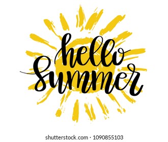 Hello summer lettering composition. Inspirational quote with black text on yellow sun background. Vector illustration for banners, posters, t-shirts, cards
