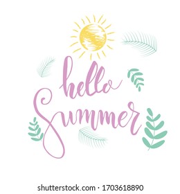 Hello summer lettering composition. Inspirational quote with black text on yellow sun background. Vector illustration for banners, posters, t-shirts, cards
