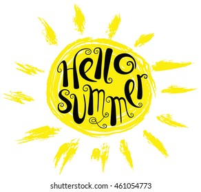 Hello summer lettering composition. Inspirational quote with hand-drawn artistic letters. Line art doodle vector illustration with sun silhouette. Design element for seasonal posters, t-shirts, cards