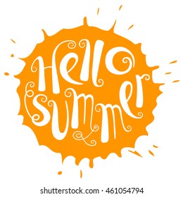 Hello summer lettering composition. Inspirational quote with hand-drawn artistic letters. Line art doodle vector illustration with sun silhouette. Design element for seasonal posters, t-shirts,  cards
