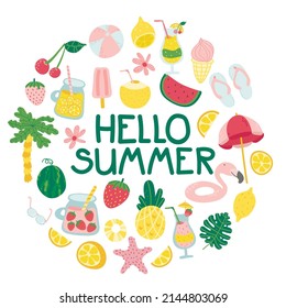 Hello summer lettering with cute flat cartoon cocktail, juice, ice cream, fruits, flowers, palm trees. Template for a banner, postcard or summer print. Circle ornament.