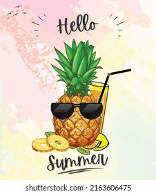 Hello, Summer Lettering with cute Pineapple. Golden green Multi Cute Modern Hello Summer