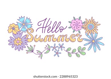 Hola, letras de verano decoradas con diseño floral. Ilustración de color aislada de vectores en estilo doodle.