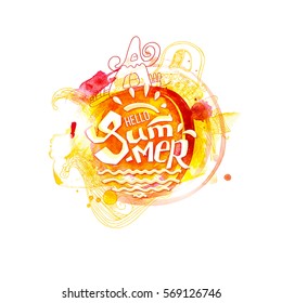 Hello Summer lettering in different colors isolated on white background. Abstract typographic summer design for banner, poster, card, flyer. Vector illustration