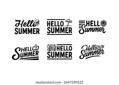 hello summer lettering element designs set with hat, umbrella, sun, ice cream, camera, sunglasses. retro hello summertime typography illustration design collection for seasonal apparel and packaging