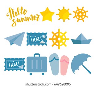 Hello summer lettering. Flat colored icons suitcase, wheel, plane, ticket, sun, umbrella, Slipper, flip-flop, star for travel and trip vocation. Vector colorful illustration, comic font text.