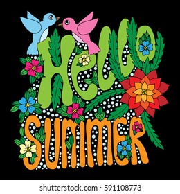 Hello Summer lettering with flower and bird on black background. Hand drawn phrase for card, invitation, posters, texture backgrounds, placards, banners.