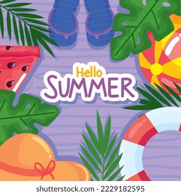 hello summer lettering frame with elements